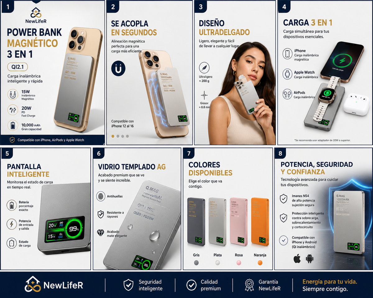 Power Bank Magnética 3 en 1 Qi2.1 | Carga Inalámbrica 20W para iPhone y Android, Smartwatch y Airpods