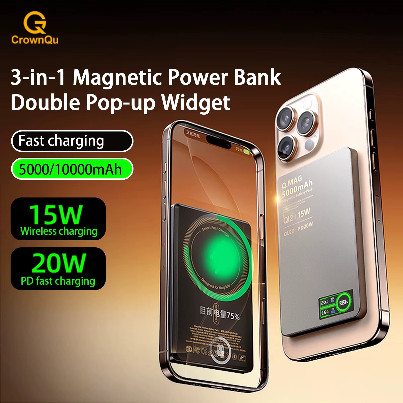Wireless Magnetic Powerbank Fast Charing Spare Portable External Battery for Iphone 12-17 Promax Watch Airpods 5000/10000Mah