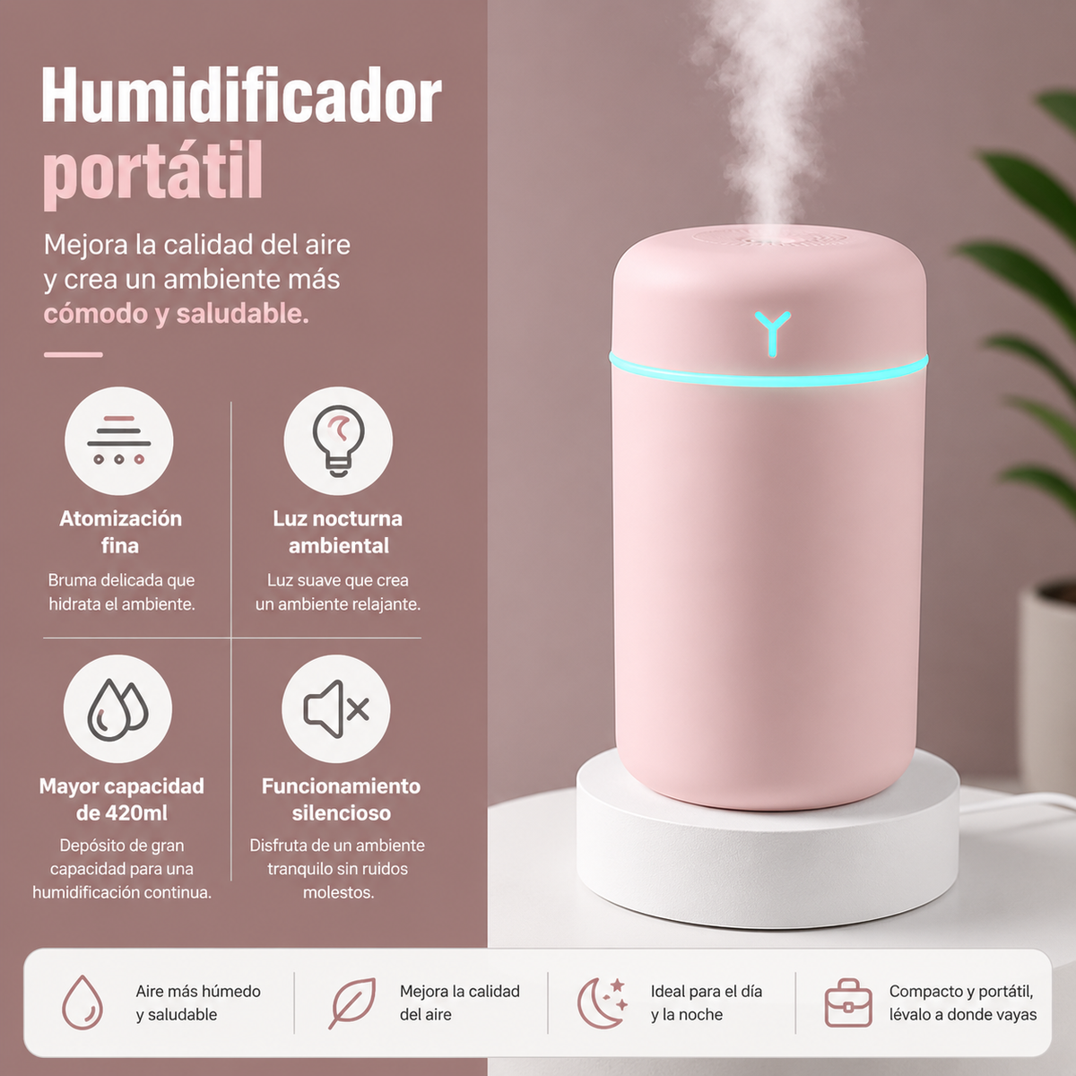 Humidificador Ultrasónico LED 420 ml | Transforma tu hogar en un espacio más fresco y relajante