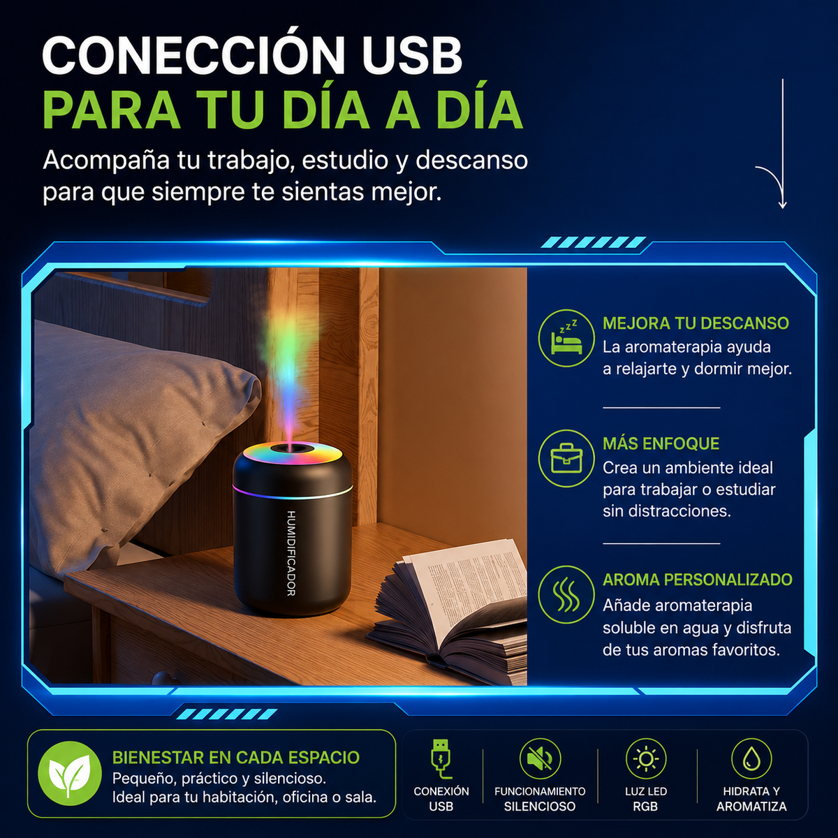Mini Humidificador LED Portátil/💧 Convierte cualquier espacio en tu pequeño oasis.