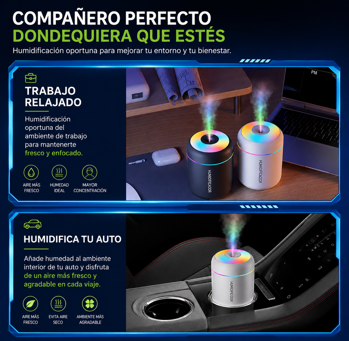 Mini Humidificador LED Portátil/💧 Convierte cualquier espacio en tu pequeño oasis.