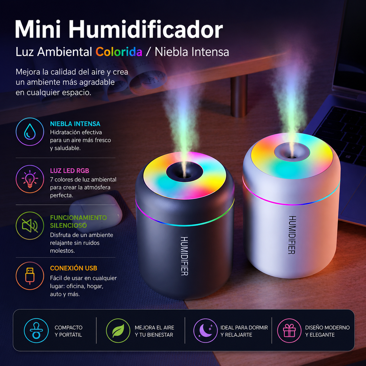 Mini Humidificador LED Portátil/💧 Convierte cualquier espacio en tu pequeño oasis.