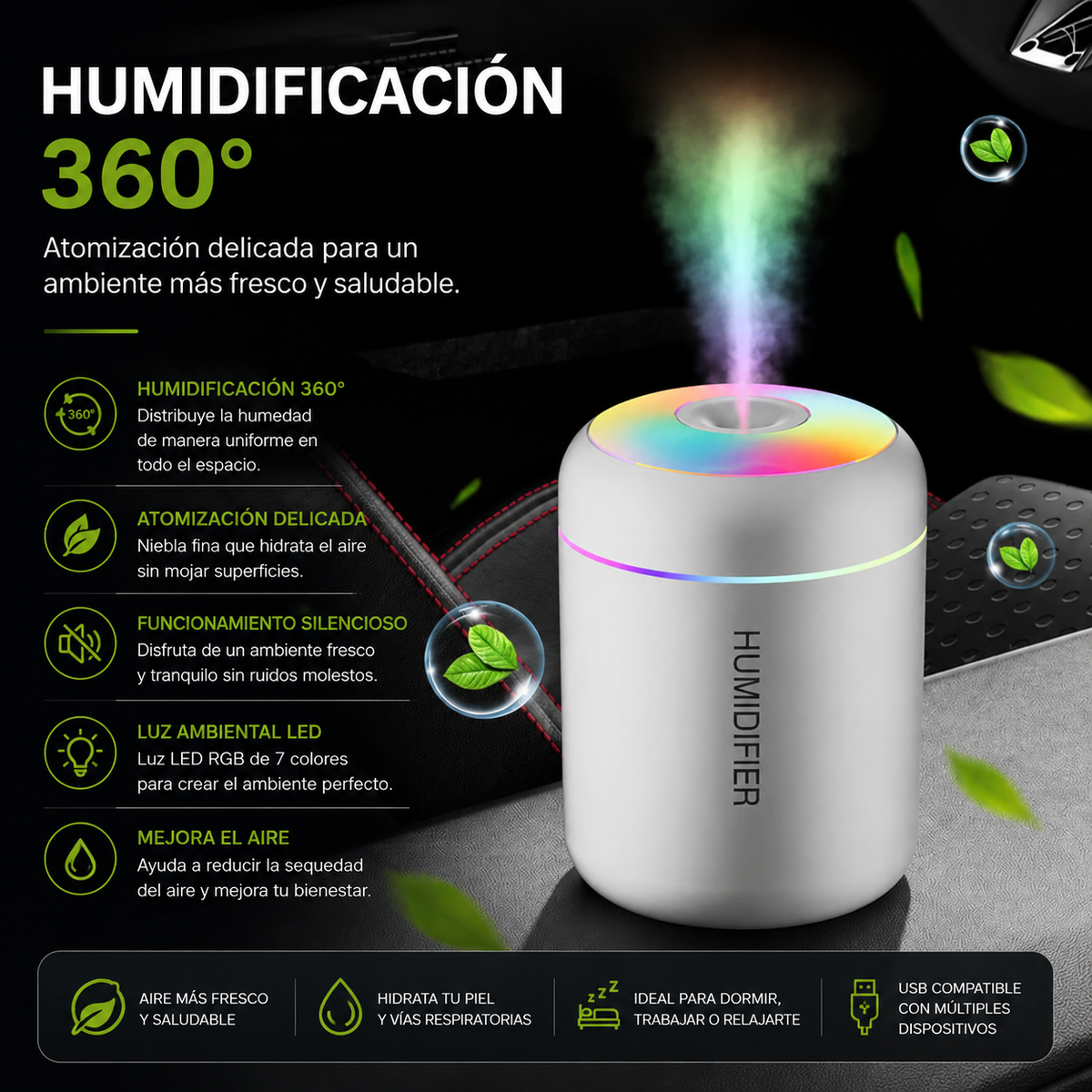 Mini Humidificador LED Portátil/💧 Convierte cualquier espacio en tu pequeño oasis.