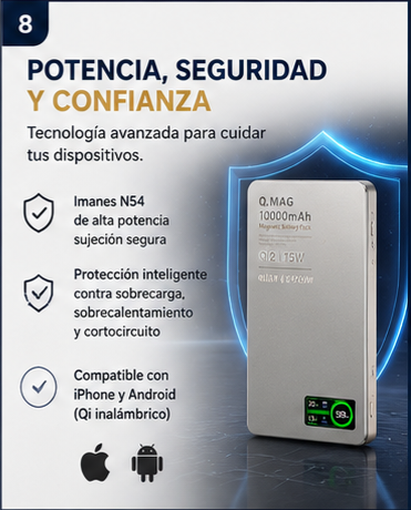 Power Bank Magnética 3 en 1 Qi2.1 | Carga Inalámbrica 20W para iPhone y Android, Smartwatch y Airpods