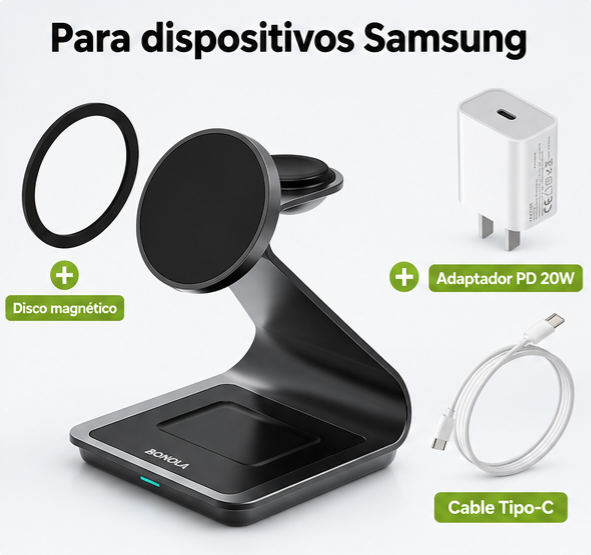Cargador Inalámbrico Magnético 3 en 1 para Samsung Galaxy, Galaxy Watch y Galaxy Buds