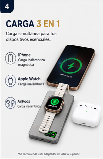 Power Bank Magnética 3 en 1 Qi2.1 | Carga Inalámbrica 20W para iPhone y Android, Smartwatch y Airpods