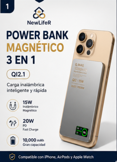Power Bank Magnética 3 en 1 Qi2.1 | Carga Inalámbrica 20W para iPhone y Android, Smartwatch y Airpods